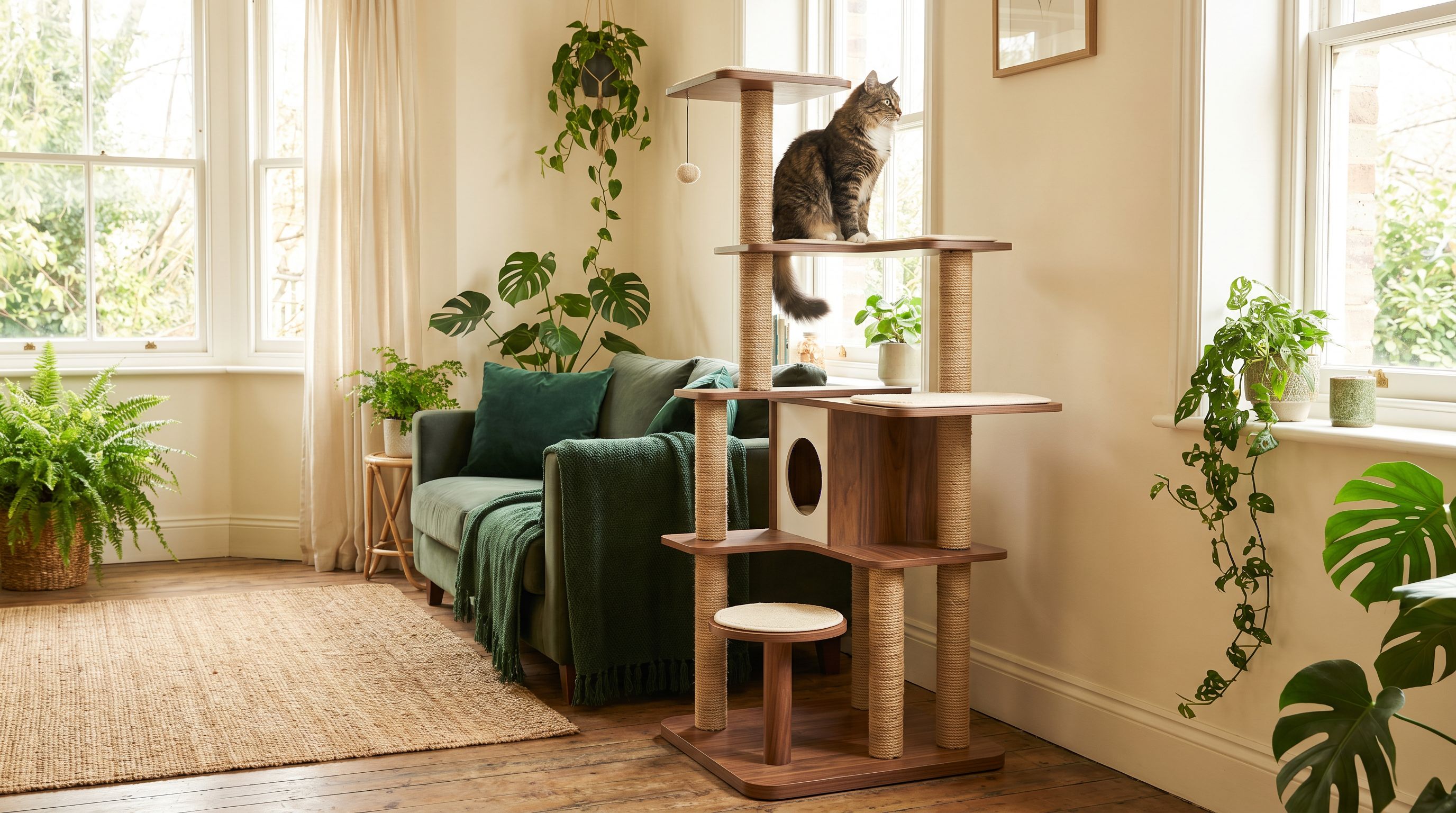 Arbre à chat en bois dans un salon avec lumière naturelle